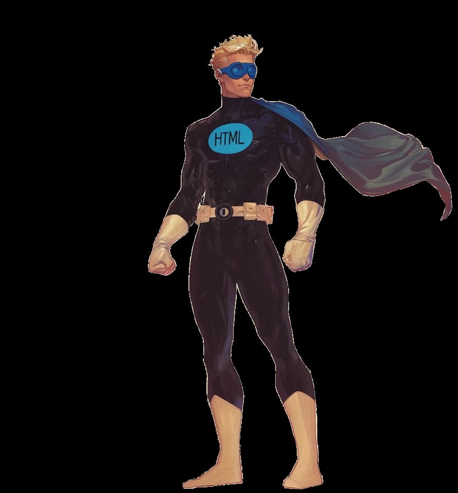Illustration of a superhero made from HTML markup, representing front-end development expertise